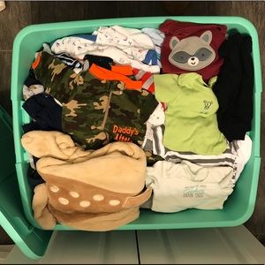 Baby boy clothes lot in bin - newborn to 3 months